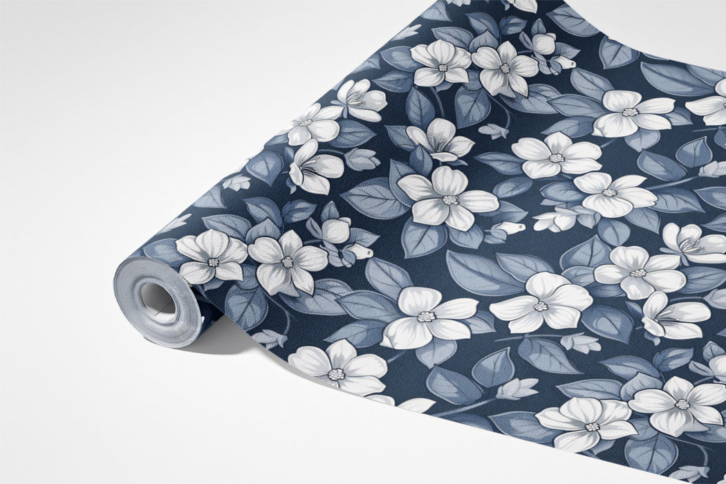 Monochromatic Floral Mural Wallpaper | Elegant Blue & White Botanical