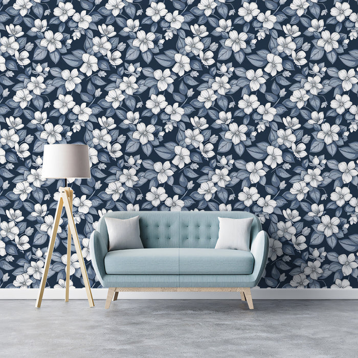Monochromatic Floral Mural Wallpaper | Elegant Blue & White Botanical