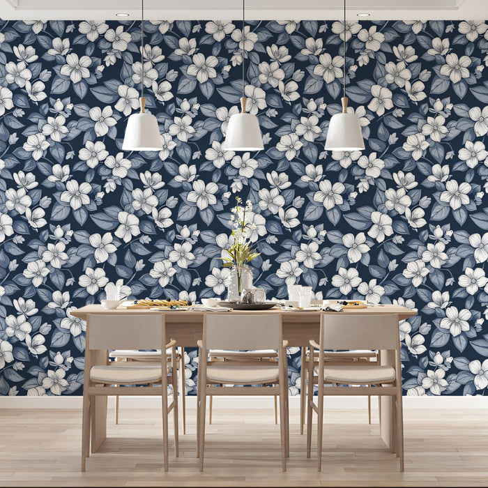 Monochromatic Floral Mural Wallpaper | Elegant Blue & White Botanical