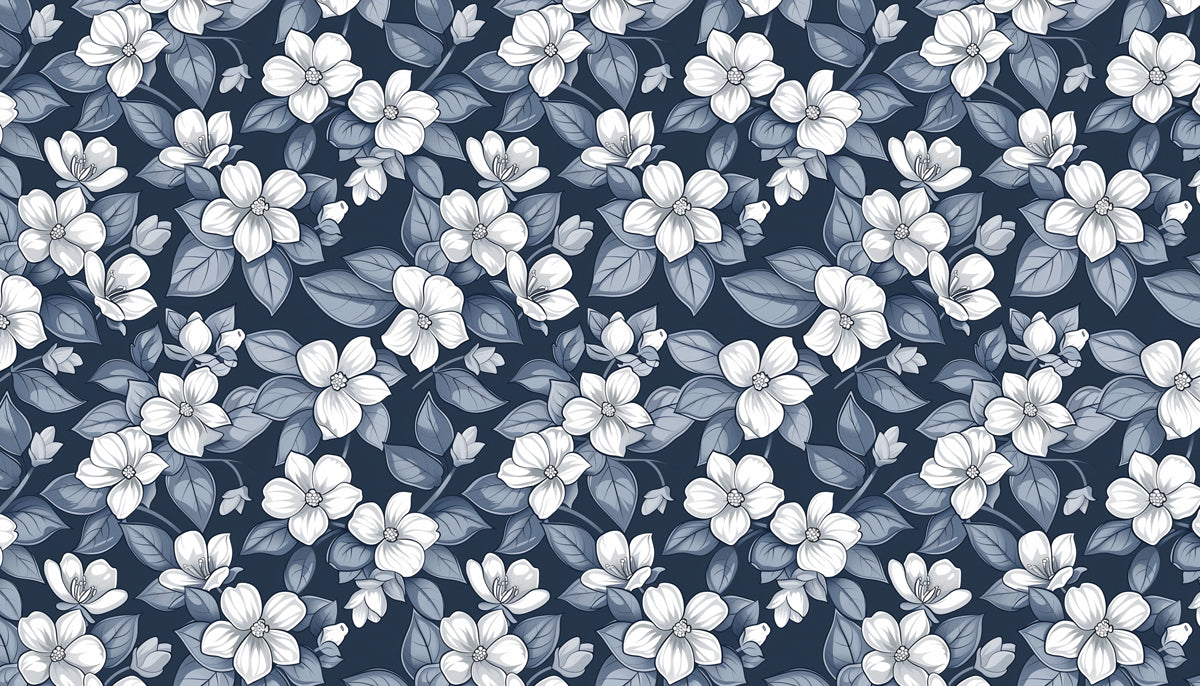 Monochromatic Floral Mural Wallpaper | Elegant Blue & White Botanical