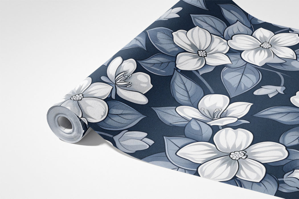 Monochromatic Floral Mural Wallpaper | Elegant Blue & White Botanical