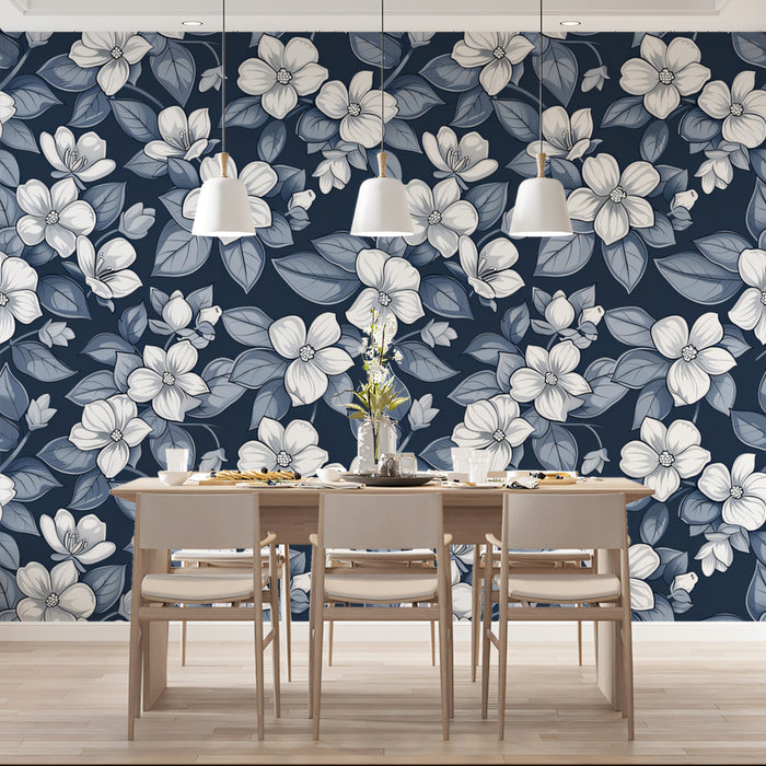 Monochromatic Floral Mural Wallpaper | Elegant Blue & White Botanical