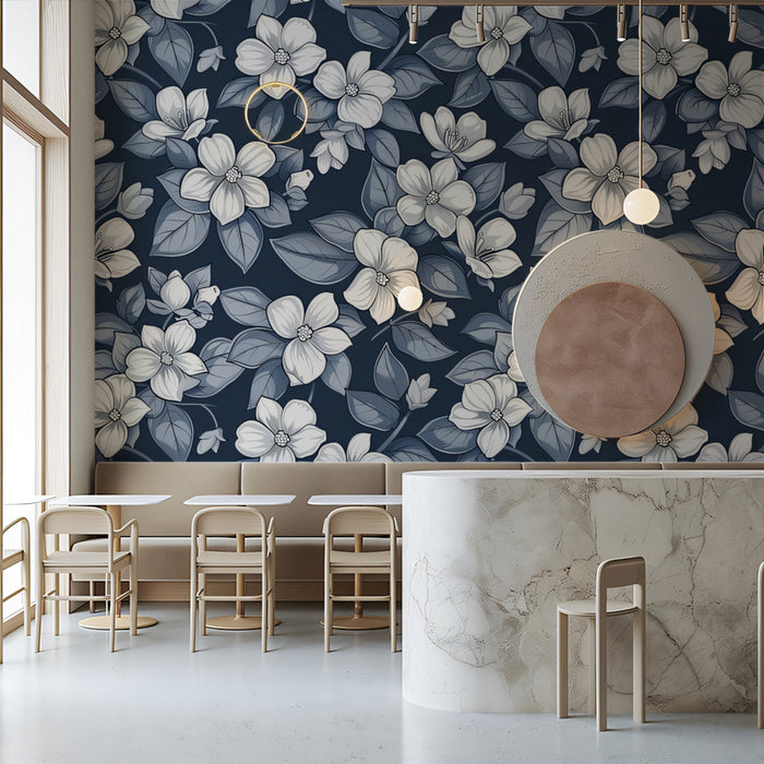 Monochromatic Floral Mural Wallpaper | Elegant Blue & White Botanical