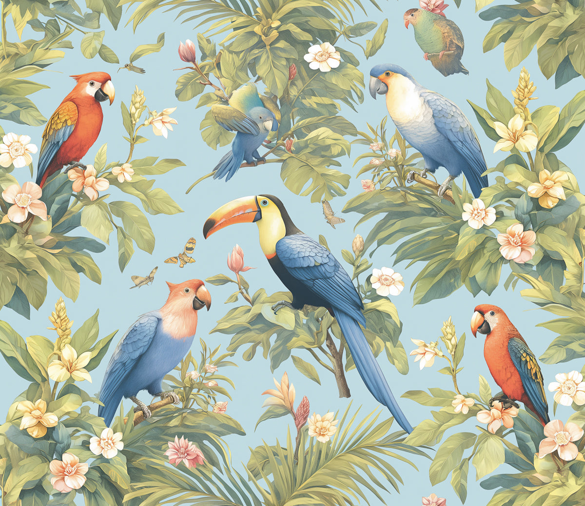 Tropical Parrots Mural Wallpaper in Bedroom | Various Colors (Green, Blue, Yellow, etc.) of Parrots