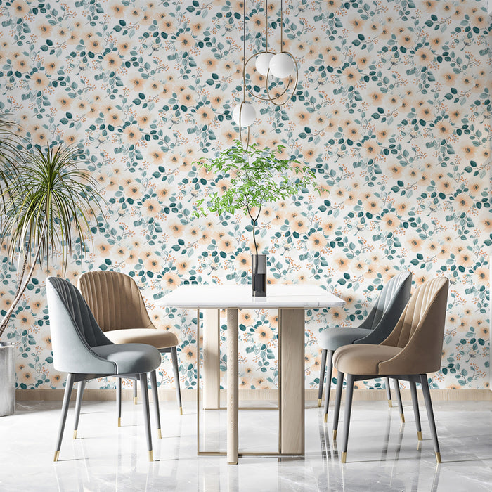 Pale Watercolor Wildflower Mural Wallpaper | Soft Pink and Gray-Blue