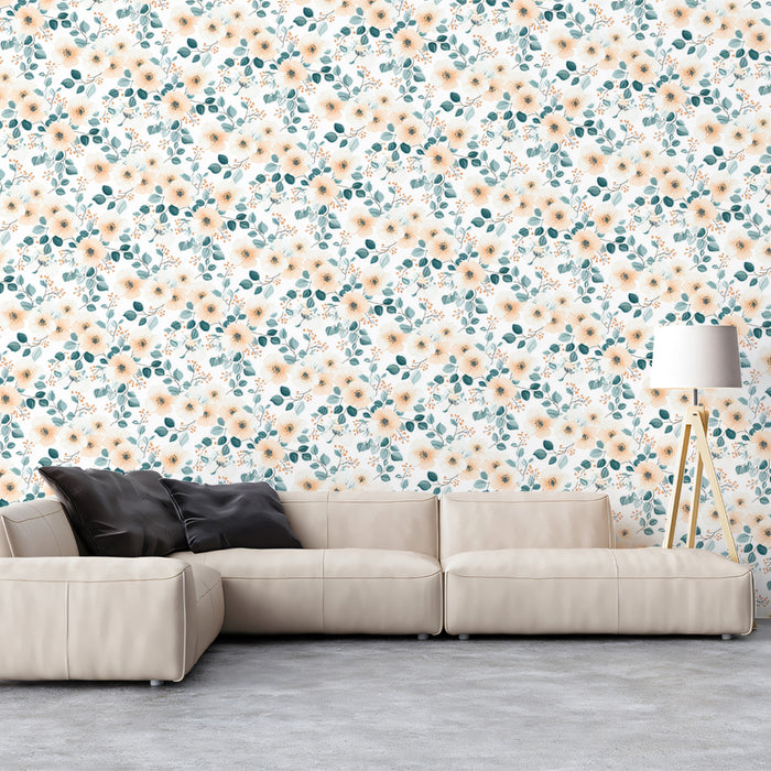 Pale Watercolor Wildflower Mural Wallpaper | Soft Pink and Gray-Blue