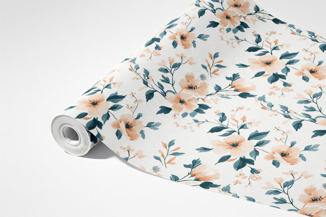 Sprawling Watercolor Floral Mural Wallpaper | Peach & Teal
