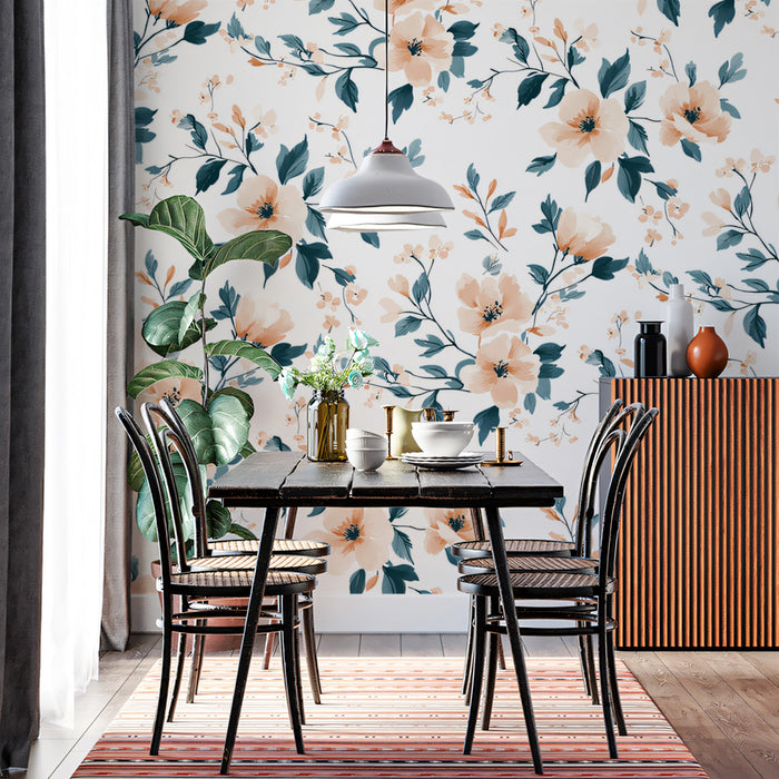Sprawling Watercolor Floral Mural Wallpaper | Peach & Teal