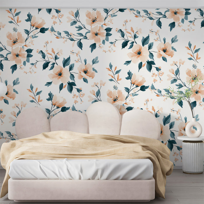 Sprawling Watercolor Floral Mural Wallpaper | Peach & Teal