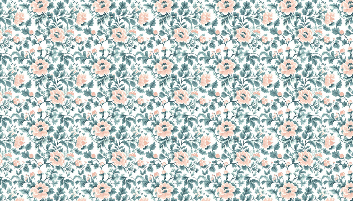 Classic Peony & Foliage Mural Wallpaper | Peach & Dusty Teal