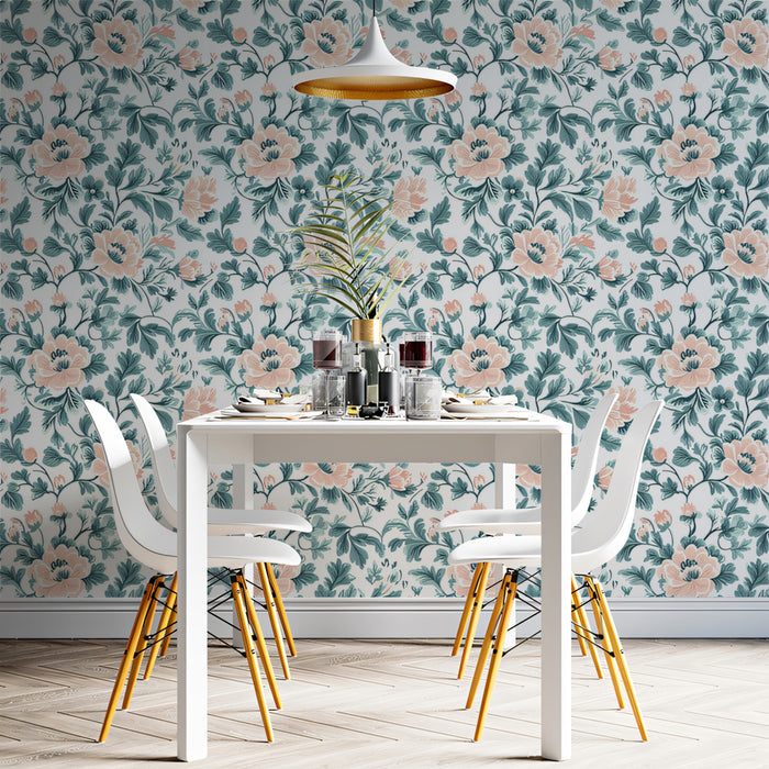 Classic Peony & Foliage Mural Wallpaper | Peach & Dusty Teal