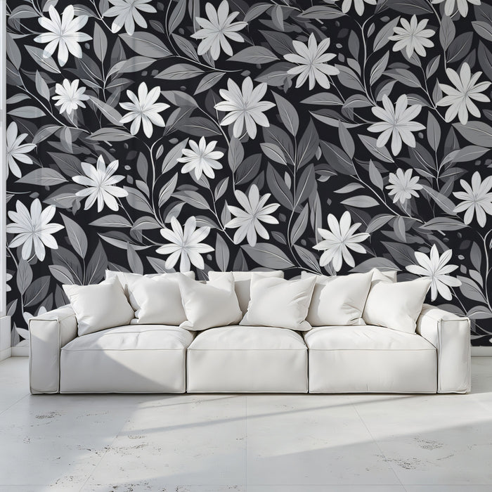 Monochrome Wildflower Garden Mural Wallpaper | Black & White