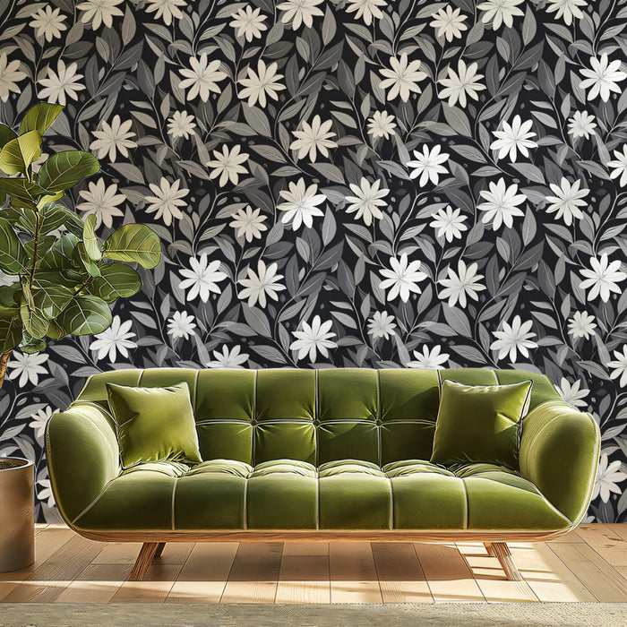 Monochrome Wildflower Garden Mural Wallpaper | Black & White