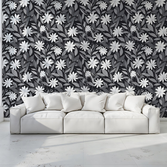 Monochrome Wildflower Garden Mural Wallpaper | Black & White