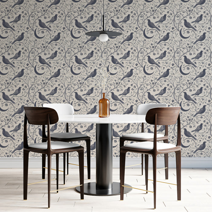Mystical Bird & Crescent Moon Mural Wallpaper | Gray Tones