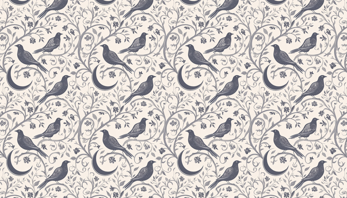 Mystical Bird & Crescent Moon Mural Wallpaper | Gray Tones