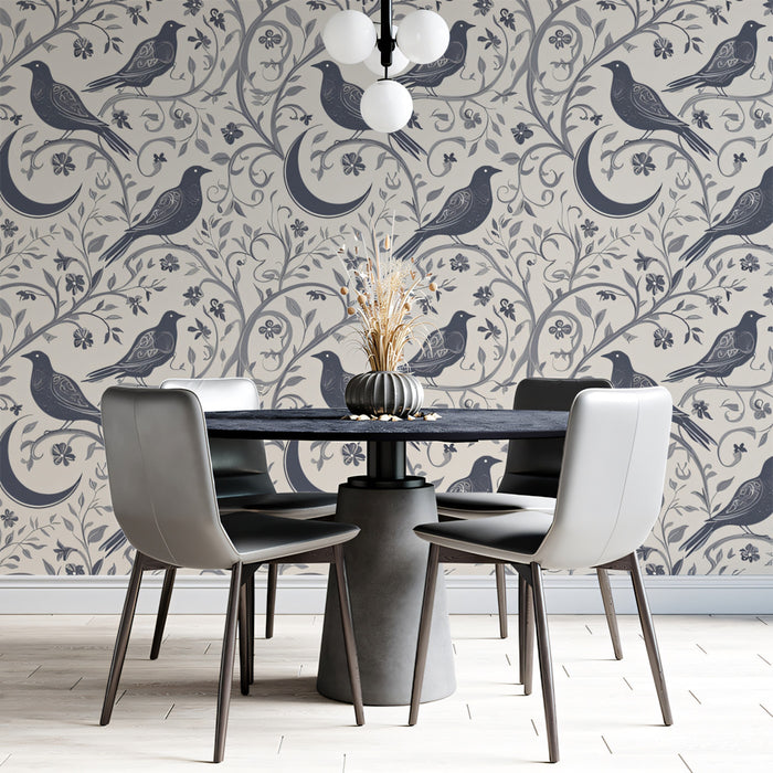 Mystical Bird & Crescent Moon Mural Wallpaper | Gray Tones