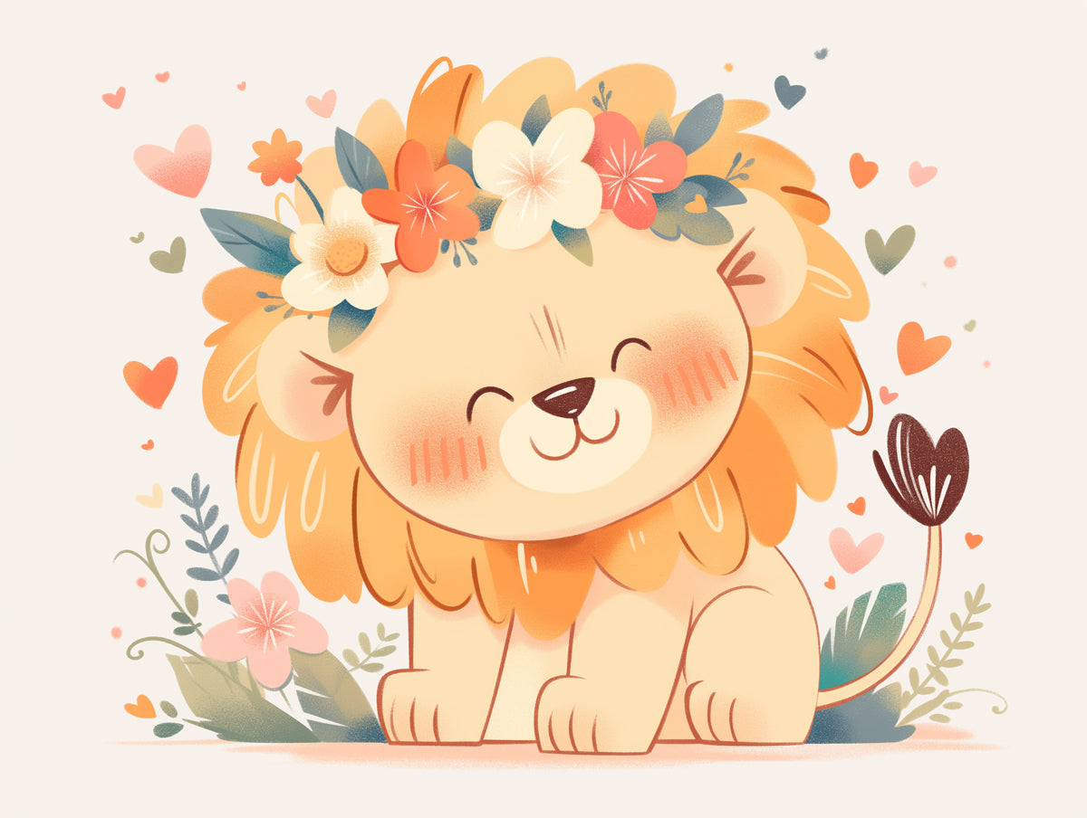 Cute Lion with Flower Crown Mural Wallpaper in Playroom | Various Colors (Orange, Pink, Green, etc.) Lion