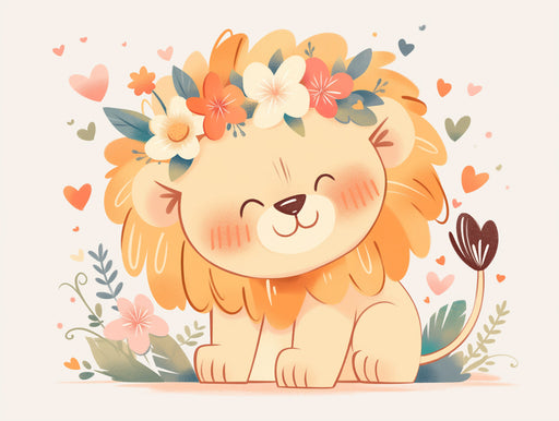 Cute Lion with Flower Crown Mural Wallpaper in Playroom | Various Colors (Orange, Pink, Green, etc.) Lion