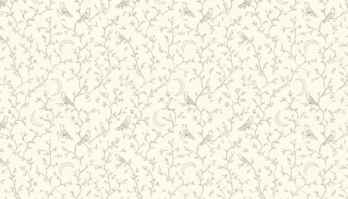 Mystical Bird & Crescent Moon Mural Wallpaper | Gray Tones