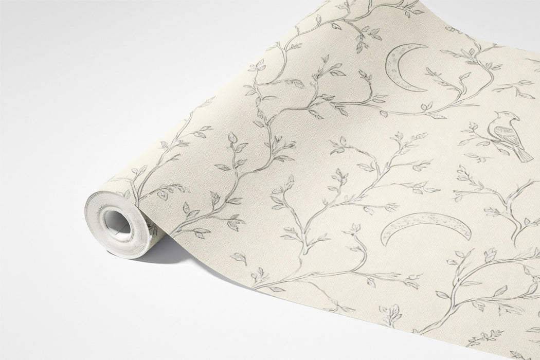Mystical Bird & Crescent Moon Mural Wallpaper | Gray Tones