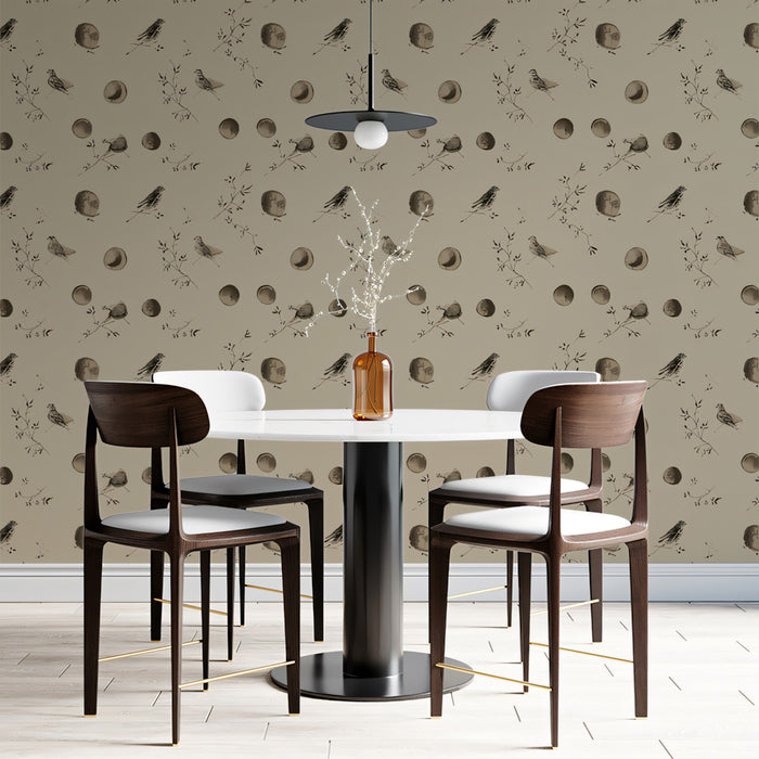 Mystical Scatter Pattern Mural Wallpaper | Bird & Moon in Sepia Tones