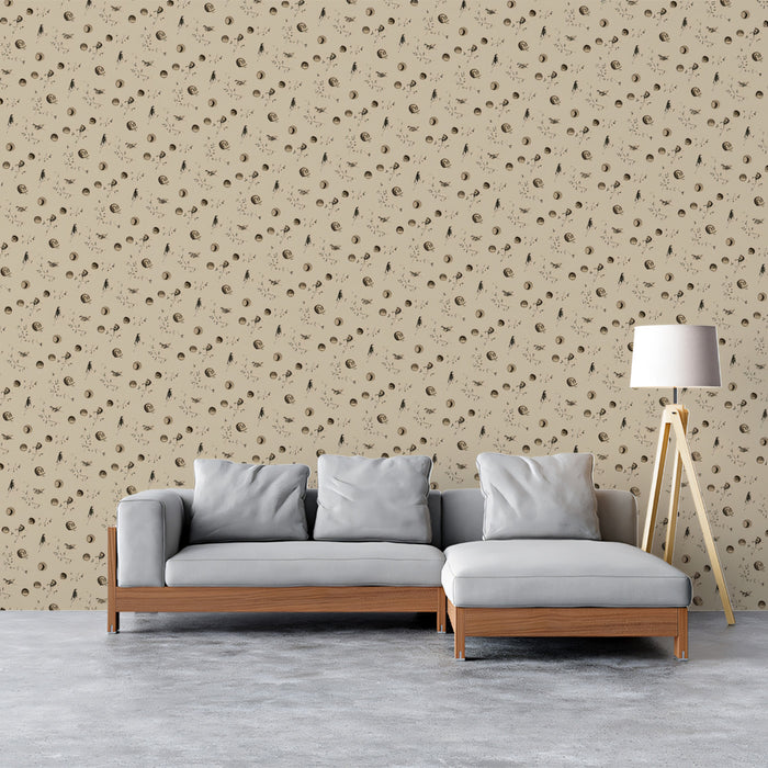 Celestial Speckle Mural Wallpaper | Bird & Moon in Earthy Tones