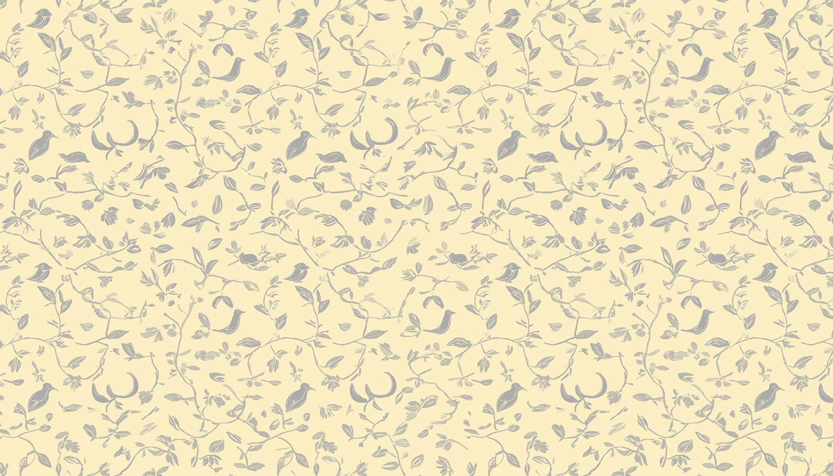 Pastel Garden Bird Mural Wallpaper | Gray & Lemon Yellow