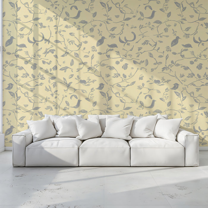 Pastel Garden Bird Mural Wallpaper | Gray & Lemon Yellow