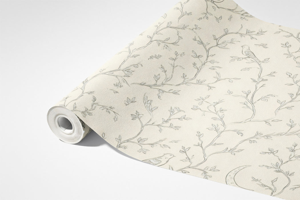 Delicate Branch & Bird Mural Wallpaper | Classic Gray & Cream