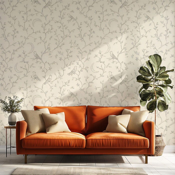 Delicate Branch & Bird Mural Wallpaper | Classic Gray & Cream