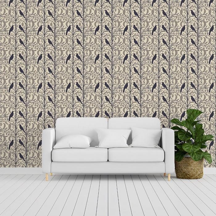 Bold Vertical Bird & Branch Mural Wallpaper | High-Contrast Gray
