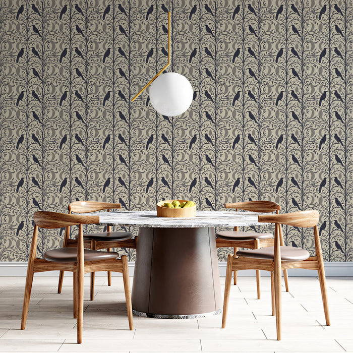 Bold Vertical Bird & Branch Mural Wallpaper | High-Contrast Gray