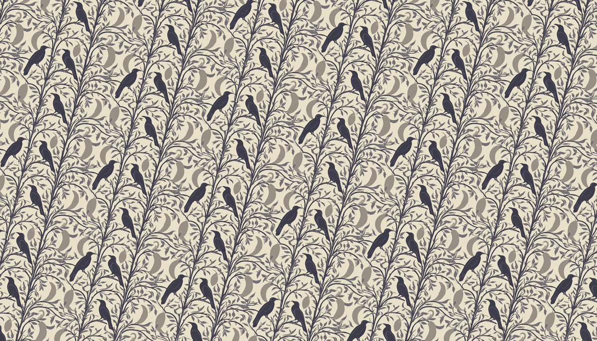 Dramatic Folkloric Mural Wallpaper | Dark Bird on Patterned Background