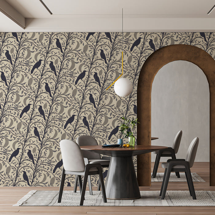 Dramatic Folkloric Mural Wallpaper | Dark Bird on Patterned Background
