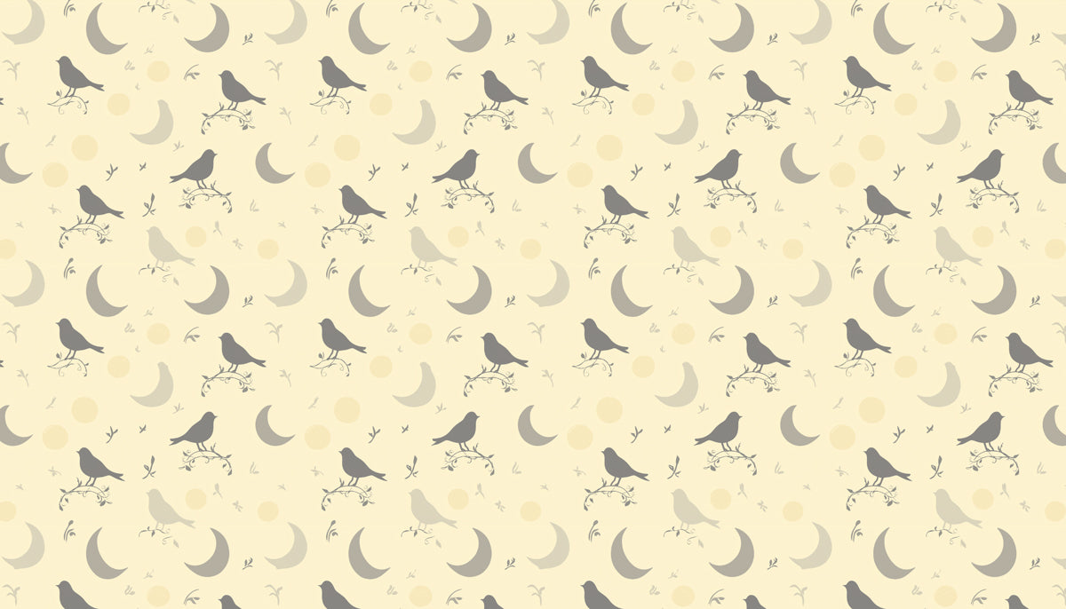Graphic Bird & Moon Mural Wallpaper | Gray & Pale Yellow