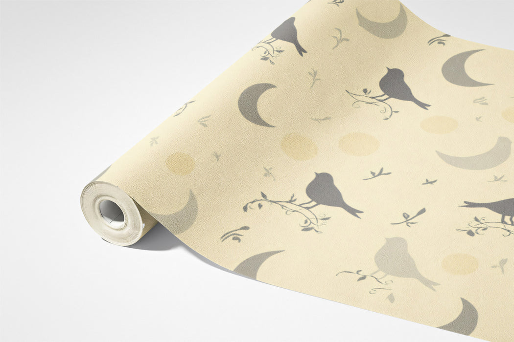 Graphic Bird & Moon Mural Wallpaper | Gray & Pale Yellow