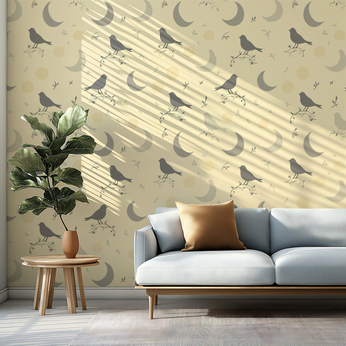 Graphic Bird & Moon Mural Wallpaper | Gray & Pale Yellow