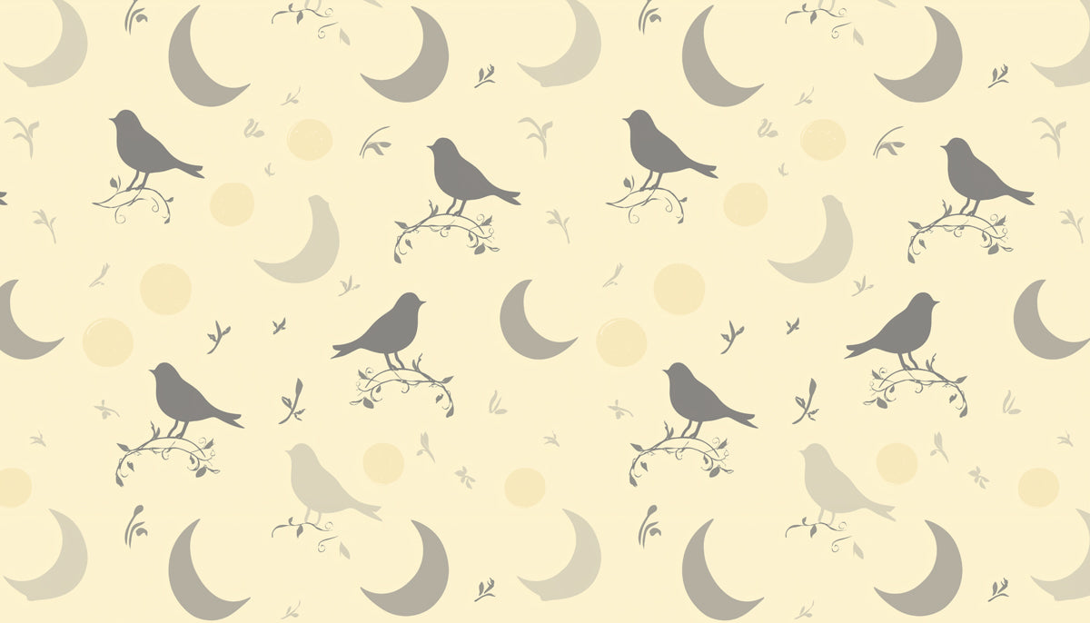 Stylized Bird & Crescent Mural Wallpaper | Serene Gray & Cream