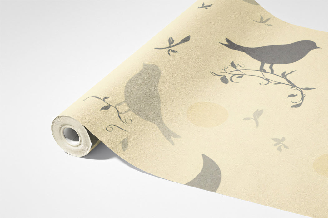 Stylized Bird & Crescent Mural Wallpaper | Serene Gray & Cream