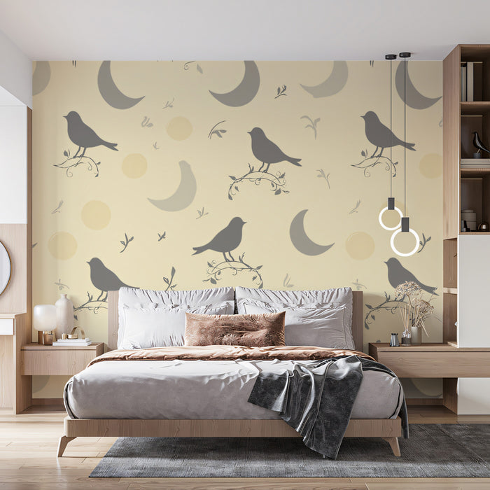 Stylized Bird & Crescent Mural Wallpaper | Serene Gray & Cream