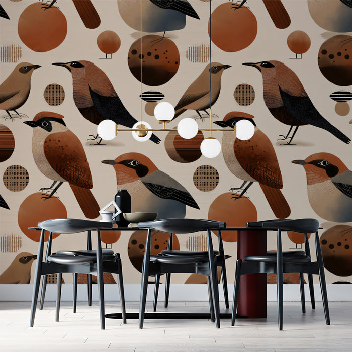 Modern Folk Bird Mural Wallpaper | Earthy & Abstract