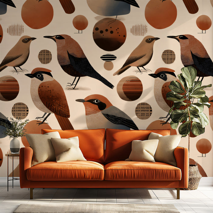 Modern Folk Bird Mural Wallpaper | Earthy & Abstract
