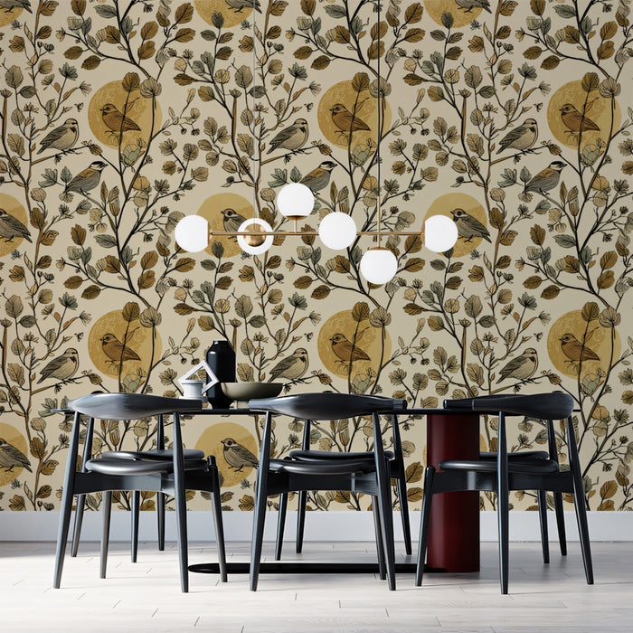 Classic Botanical Bird Mural Wallpaper | Autumnal Tones
