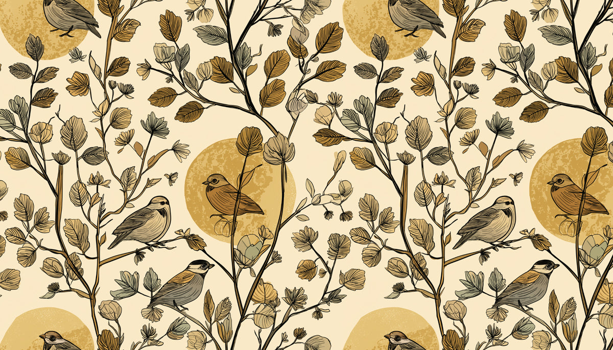 Sketchy Botanical Bird Mural Wallpaper | Earthy Tones