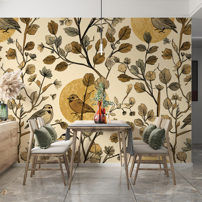 Sketchy Botanical Bird Mural Wallpaper | Earthy Tones