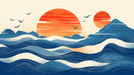 Retro Ocean Sunset Mural Wallpaper in Living Room | Various Colors (Orange, Blue, Beige, etc.) of Ocean Sunset