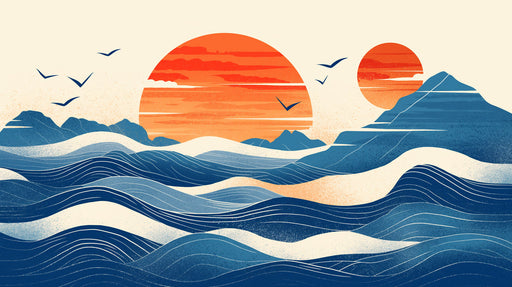 Retro Ocean Sunset Mural Wallpaper in Living Room | Various Colors (Orange, Blue, Beige, etc.) of Ocean Sunset