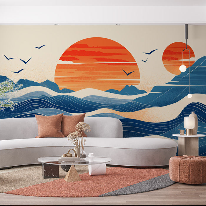 Retro Ocean Sunset Mural Wallpaper in Living Room | Various Colors (Orange, Blue, Beige, etc.) of Ocean Sunset