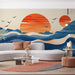 Retro Ocean Sunset Mural Wallpaper in Living Room | Various Colors (Orange, Blue, Beige, etc.) of Ocean Sunset